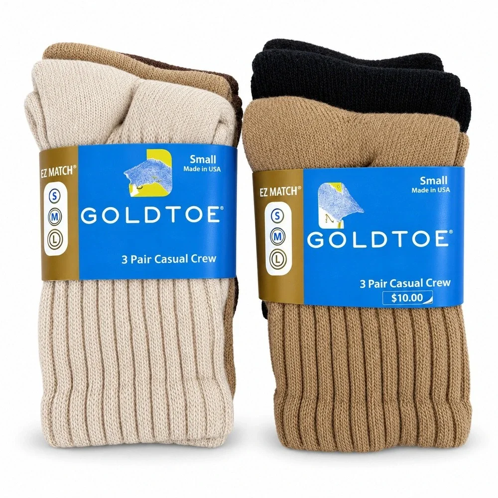 Goldtoe Small 6 Pair Crew Socks Kids EZ Match Neutral Tan Black Casual Ribbed